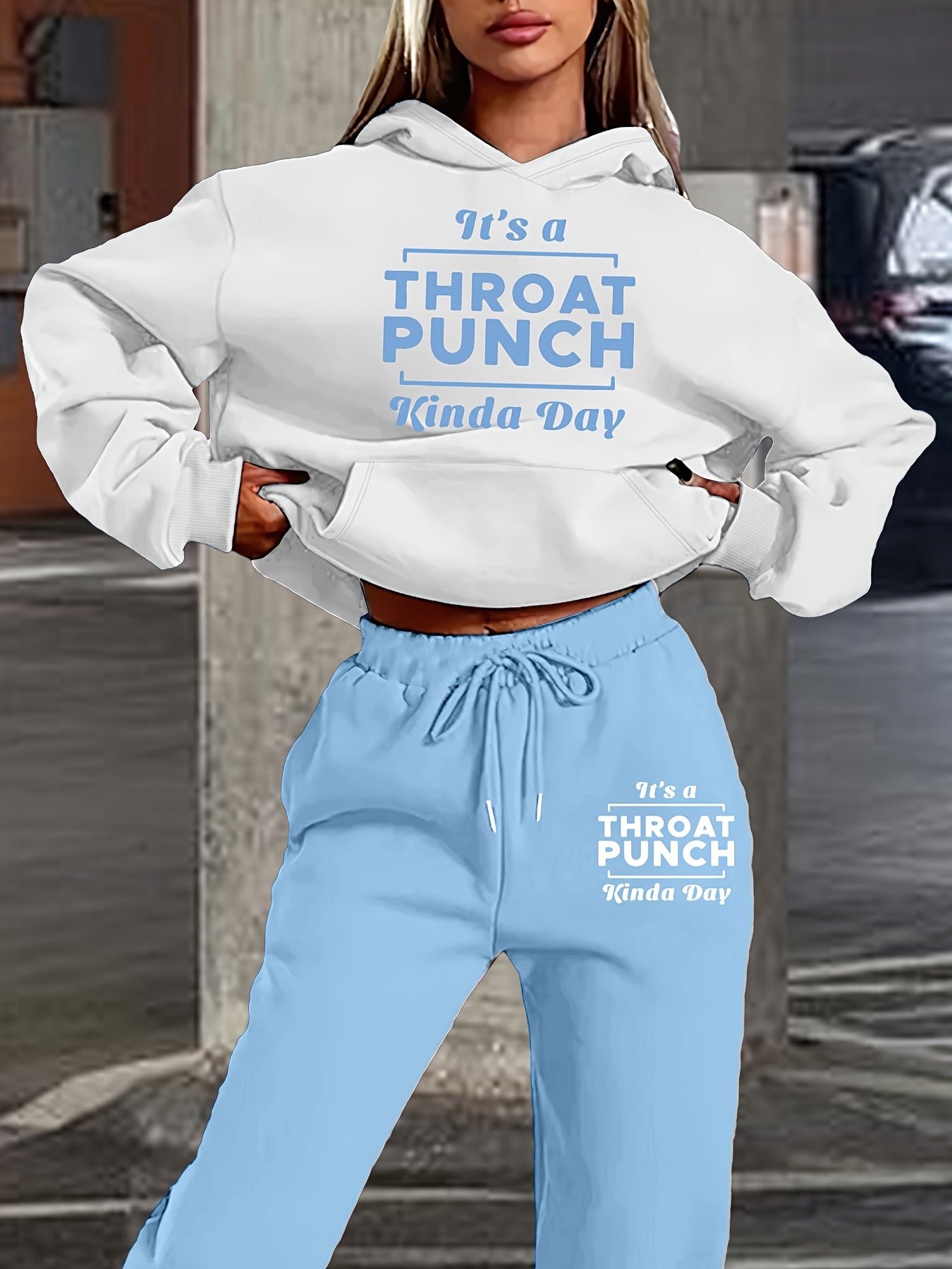 Women's Fashionable Athletic Two-Piece Set: White Hoodie with "THROAT PUNCH" Print & Blue Joggers with Drawstring - Casual, Trendy Streetwear, Polyester, Relaxed Fit Clothing|Playful Graphic Print|Glossy Fabric